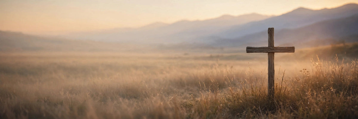 Weathered wooden cross in a golden field at sunrise