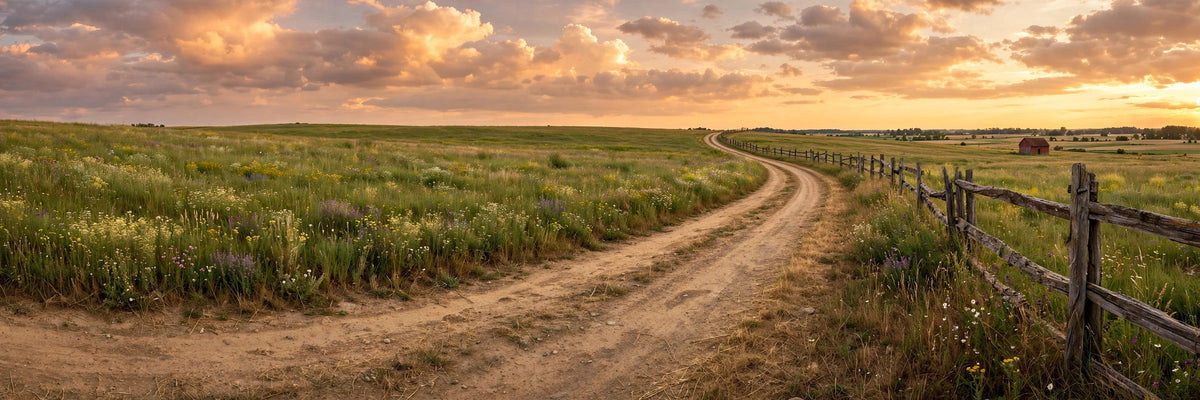 Dirt backroad through farmland at sunset with a wooden fence and distant red barn
