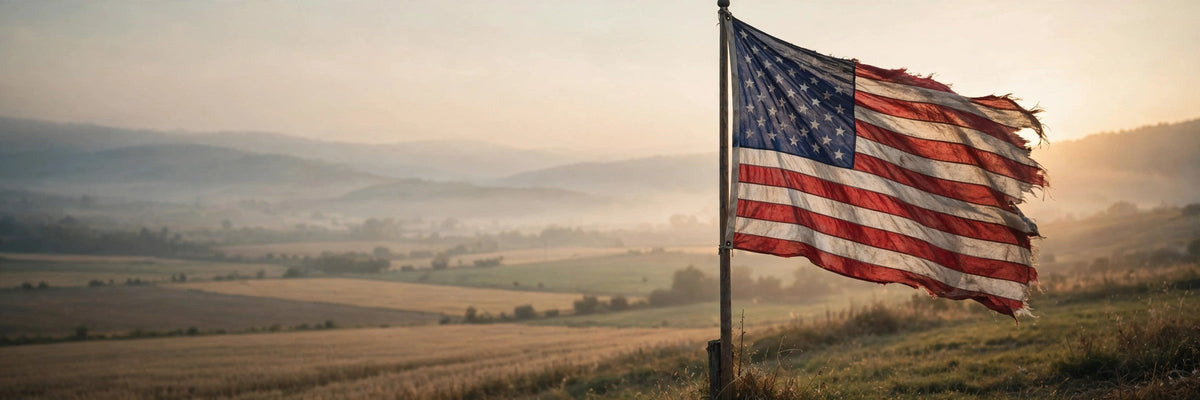 Weathered American flag waving over a valley at golden hour