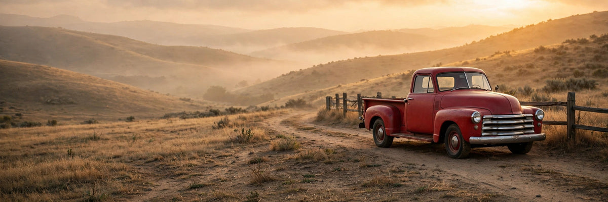 Classic red vintage pickup truck on a dirt backroad at sunset