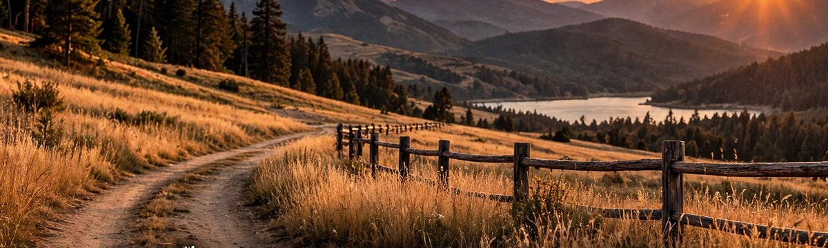 Backroad at sunset with mountains, lake, and fence - Red Truck Productions Our Story header